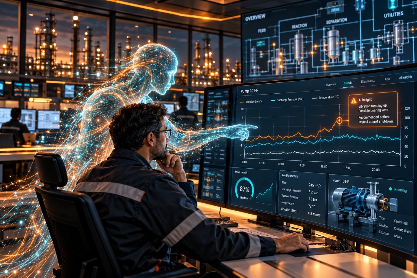 An operator seated at a control room desk facing two large screens showing pump trends, asset health and a process overview. A panel on the trend screen reads AI Insight: vibration trending up, possible bearing wear, recommended action inspect at next shutdown. A translucent humanoid figure made of light points at the screen behind him