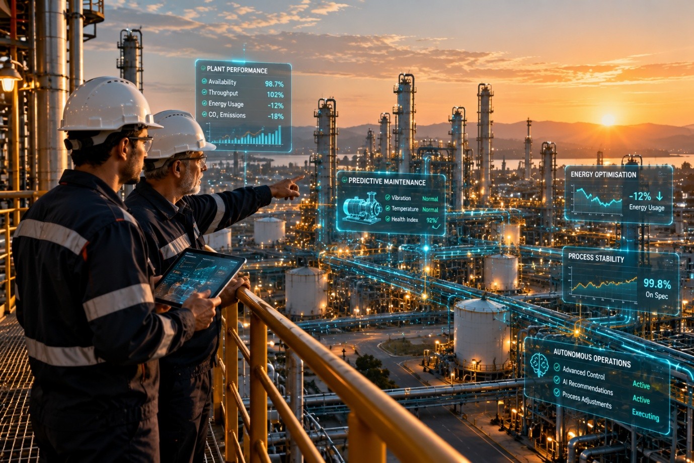 Two engineers in hard hats on a walkway above a refinery at sunrise, one holding a tablet and the other pointing out across the plant, with translucent panels overlaid on the view showing plant performance, predictive maintenance, energy optimisation, process stability and autonomous operations