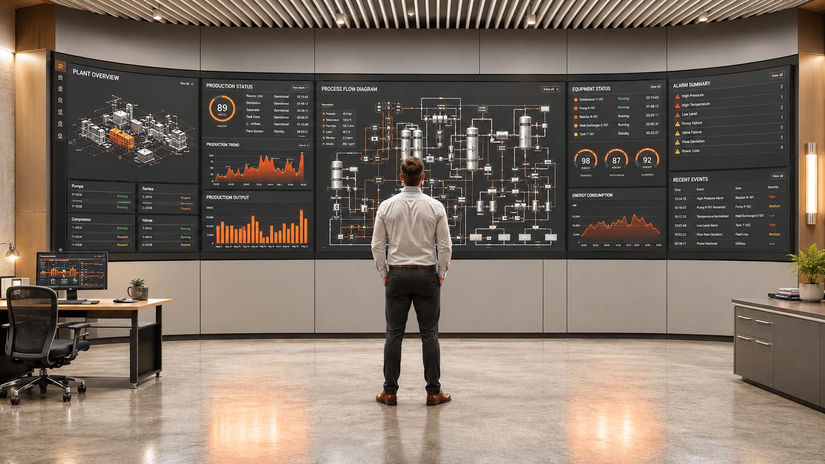 Process-plant control room with the plant overview, process flow diagram and alarm summary on the monitoring wall