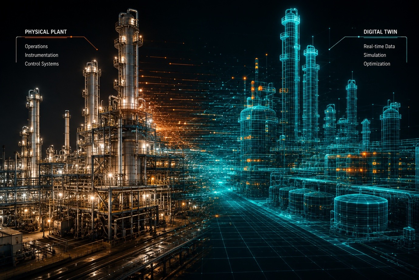 A process plant at night, its left half photographed as real steel and lit pipework, dissolving through a band of streaming data points into a cyan wireframe model of the same plant on the right, labelled physical plant on one side and digital twin on the other