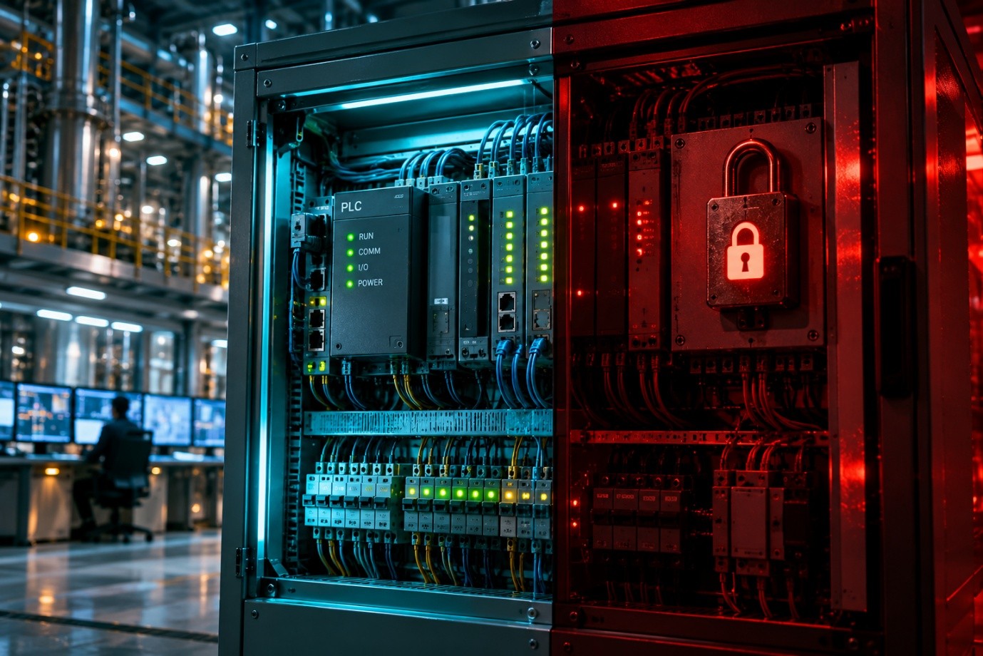An open control cabinet containing a PLC with run, comm and power indicators lit, wiring and terminal rails. The left half of the cabinet is lit cool blue and the right half red, with a glowing padlock mounted on the red side. A control room with screens and an operator is visible in the background