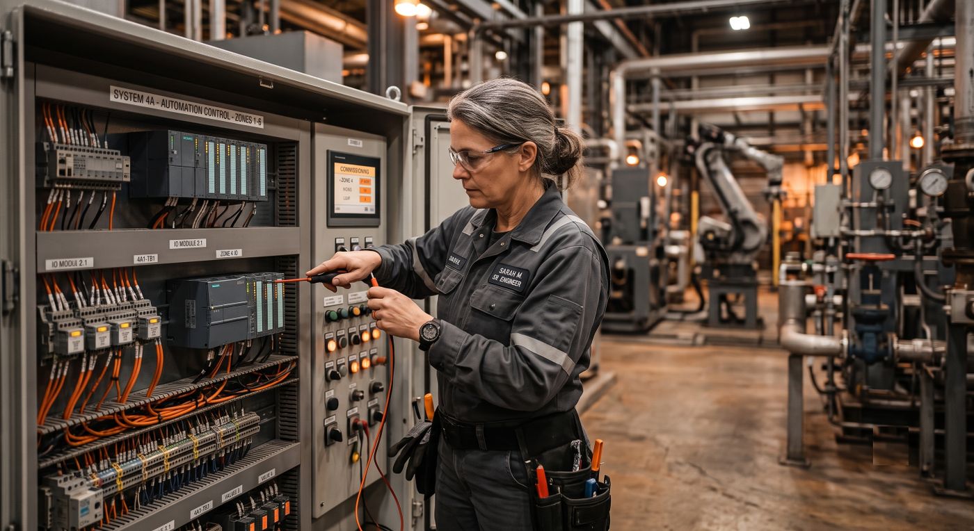 Automation engineer testing I/O in a control panel at an operating plant