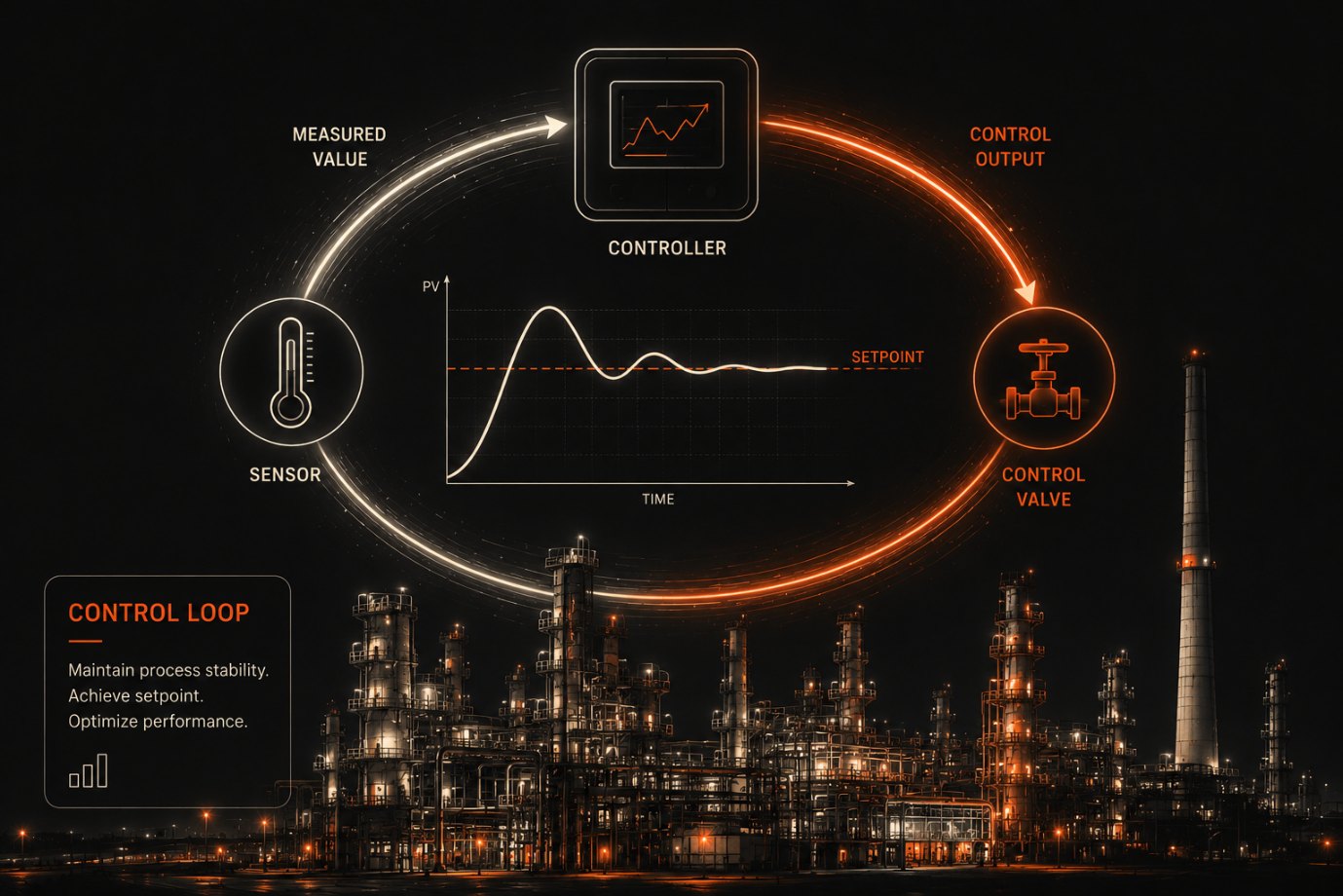 A control loop drawn over a process plant at night: sensor, controller and control valve, with the measured value returning to the controller and the process variable settling on setpoint